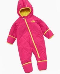Keep her totally toasty in this precious pink coverall from Northface with a cool and functional asymmetrical zipper.
