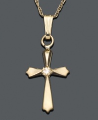 Polished 14k gold with a diamond accent at center create a stunning cross pendant, perfect for a child's first necklace. Approximate length: 15 inches. Approximate drop: 3/4 inch.