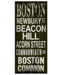 Beantown or bust. This Boston transit sign spells out the city's most notorious places in bold black and white on distressed birch wood.