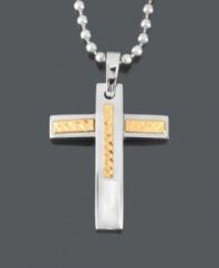 A bold and stylish way to symbolize your faith. Men's necklace features a stainless steel cross with a 14k gold inlay strung on a matching bead chain. Approximate length: 24 inches. Approximate drop width: 1 inch. Approximate drop length: 1-1/5 inches.