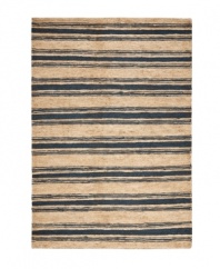 A classic navy blue stripe mingles with neutral tones, creating a casual, care-free area rug from Lauren Ralph Lauren. Hand-knotted of pure jute and natural hemp, the Cliff Stripe rug is as durable as it is smart in style.