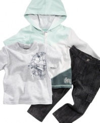 He'll be ready for any kind of weather in this sporty hoodie, shirt and jeans set from DKNY.