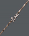 Add a little love. Studio Silver's delicate style can be worn alone to make a romantic statement, or paired with other sweet designs for a trendy layered effect. Bracelet crafted in 18k rose gold over sterling silver features the cursive word Love with crystal decor. Approximate length: 7-1/4 inches.