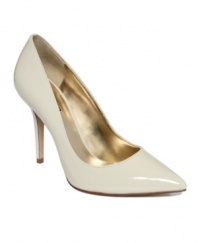 Winter wonderland. Icy shine and creamy color combine on the sultry Mipolia pumps by GUESS.