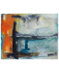 The gateway to modern decor, this abstract wall art inspires creativity in any setting. Splashes of tangerine mingle with strokes of black, blue and gray on gallery-wrapped canvas. By artist Michelle Oppenheimer.