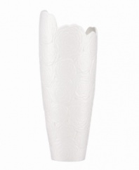 Enhance mini bouquets with the fresh and chic Marchesa Rose bud vase. White bone china sculpted with blooms inspired by the designer's couture gowns infuse a room with modern romance. From Marchesa by Lenox.