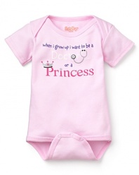 A short sleeve romper with a crown, stethoscope and When I Grow Up I Want To Be A Doctor Or A Princess printed on front.