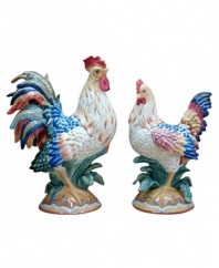 These hand-painted rooster and hen figurines add the perfect touch of whimsical charm to any kitchen. Coordinates beautifully with the rest of the rich, rustic Ricamo® dinnerware collection.