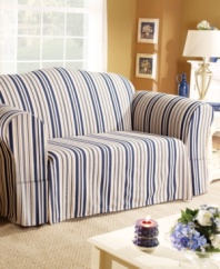 Enliven your living space with the nautical look of the Sure Fit Indigo Stripe slipcover. A no-tie wrap skirt with fitted back elastic offers an air of regality to any hard-to-fit piece.