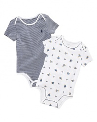 A pack of two adorable short-sleeved bodysuits is rendered in ultra-soft printed cotton jersey.Comes with one striped bodysuit accented with our contrasting embroidered pony and one bodysuit detailed in a sweet teddy bear motif.