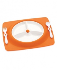 Baby's first place setting! This food-safe, dishwasher safe and refrigerator safe plate, utensil and tray set is a fun essential!