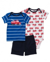 Even if he's not a future firefighter, he'll all boy and adorable in Carters sweet three-piece matching set. Shorts with an elastic waist for easy changing add convenience and appeal.