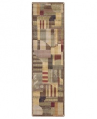 A modern design of animated beauty, this rug renders columns in an abstract collage of rectangles accented with graceful curvilinear details. A cool green palette is tinged with warm hues of brown. Woven of premium Opulon(tm) yarns to create a lavish pile with a rich, color-enhancing finish.