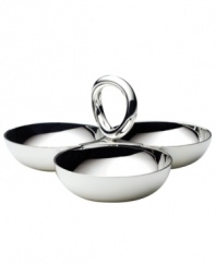Smooth silver plate renders extra brilliant with the clean, fluid lines of Vertigo giftware. Ideal for olives, candies or nuts, this small 3-section server features a twisted ring for improved functionality and contemporary flair.