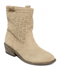 Worrying over what to wear? Cut it out. Decorative perforations add fashionable flair to these soft suede Giggi booties from American Rag. With a low stacked heel, they're a comfortable, laid-back look.