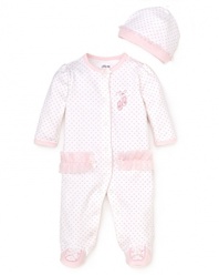 This precious ballerina onesie, adorned with pink mesh trim and ribbon detail, will keep her warm, snuggly and forever adorable.
