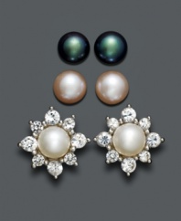 A trio of earrings to cover every evening. Alternate between stunning cultured freshwater pearl studs (5-6 mm) and a dazzling flower crafted from cultured freshwater pearl surrounded by white topaz petals (3/7 ct. t.w.). Approximate flower stud diameter: 1/4 inch.