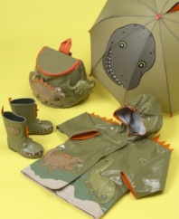 Take the bite out of wet weather with these adorable rubber rain boots.  Fun details include a toothy smile around the rounded toe and genuine dinosaur eyes at the top of the foot.  A raised dinosaur accents the boot's molded rubber upper. Rubber sole.