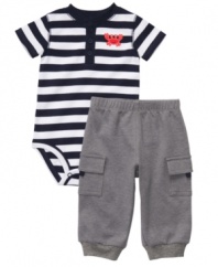 By land or by sea, he'll be comfy and cute in this nautical-styled bodysuit and cargo pant set from Carter's.