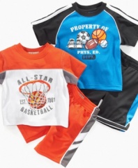 Put me in coach! He'll be ready for some action with this sporty tee shirt and short set from Kids Headquarters.