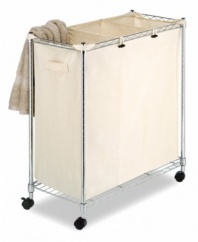 The ultimate in organization and conveneince! Keep your laundry tidy and accessible with three canvas compartments on a sleek, rolling metal stand.