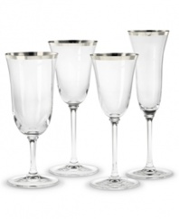 An elegant tulip shape melds with platinum accents to form a stemware collection with grace and style. A chic addition to any home, this set features signature Vera Wang design with timeless appeal. Ice beverage shown at left.