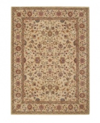 Inspired by the lyrical beauty of ancient Persian carpets, this rug features a field of flowers entwined in a curvilinear design with a warm palette of pumpkin, mauve and moss green against a soft beige ground. Woven of premium Opulon(tm) yarns to create a lavish pile with a rich, color-enhancing finish.