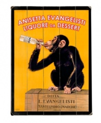 Have a sense of humor behind the bar or in the kitchen with this iconic 1925 Italian advertisement for Anisetta Evangelisti. A standout piece for serious entertainers, featuring a vibrant print on distressed wood.