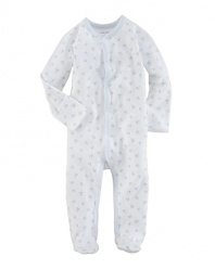 An adorable long-sleeved footed coverall in breathable cotton mesh is mercerized for a lustrous sheen.