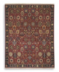 A long runner that is ideal for hallways and entryways. Evoking the charm of a country manor, the Cambridge rug features a floral and vine motif in a color palette that includes indigo, ivory, caramel, terra cotta and soft blues and greens against a rich red ground. Each color is specially dyed to achieve subtle shadings for a gentle antique finish. Woven in the USA of New Zealand premium worsted wool for indulgent softness.