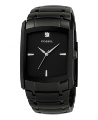 No frills, just inarguable style. This sleek watch features a handsome black ion-plated bracelet and case, with a black dial and single diamond marker. three-hand movement.