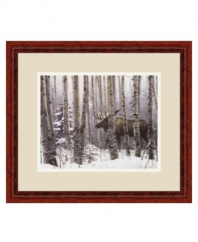 Bring the stillness and tranquility of a snow-covered landscape to hectic everyday living with A Walk in the Woods. A majestic moose leads you on a path through the wilderness, framed in polished cherry wood. By artist-explorer Stephen Lyman.