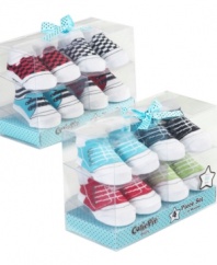 It's all an illusion. They may look like shoes, but this four pack from Cutie Pie Baby are comfortable socks he can wear all day long.
