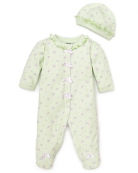 A delicate lilac print brings classic charm to this comfy footie and cap set from Little Me.