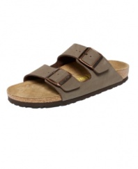 Classic Birkenstock style, classic Birkenstock comfort: this Arizona sandal features Birkibuc -- a textured material made of acrylic and polyamide felt fibers -- for the look and feel of velvety nubuck.