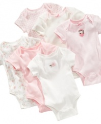 Sweet sentiments. Girlie touches on this three pack of bodysuits will keep her adorable and cozy all day long.