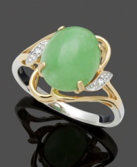 Bold color combines with stately elegance. This unique ring highlights an oval-shaped jade stone (8 mm x 10 mm) with sparkling diamond accents. Crafted in 14k gold and sterling silver. Size 7.