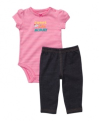 Everyone will have a sweet tooth when they see her in this two-piece outfit from Carters. Included: bodysuit and elastic-waisted pants for convenience.
