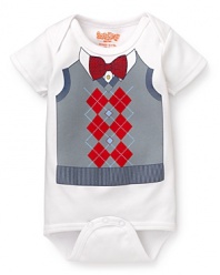 An dapper argyle and bow tie graphic prep up this basic Sara Kety bodysuit.