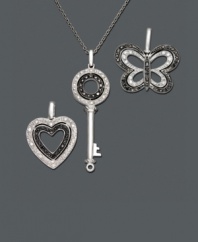 Three times is definitely the charm with this heart, key, and butterfly pendant set. Each pendant features round-cut black diamond accents and white diamonds (1/8 ct. t.w.) in a sterling silver setting. Approximate length: 18 inches. Approximate heart drop: 3/4 inch. Approximate key drop: 1-1/2 inches. Approximate butterfly drop: 3/4 inch.