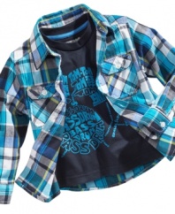 He'll move to the beat of his own drum in this graphic tee and plaid shirt set from Greendog.