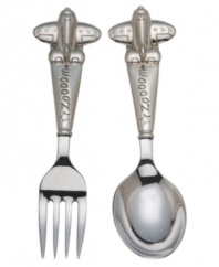 Here comes the airplane! Deliver your baby's meal via the adorable Zoom Zoom fork and spoon set from Reed & Barton. Child-friendly handles engraved with the sound of the aircraft's engine end in cute, cartoonish jets.