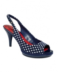 The perfect playful accent. Lend a lighthearted touch to your look with the addition of the Sharina slingback pumps by Nine West, featuring a fun polka dot print.