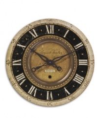 Enjoy every second with the Auguste Verdier clock by Uttermost. Antiqued brass detail, roman numerals and a weathered, laminated face give it the look of a beautiful antique-store find.