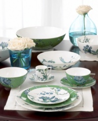 As delicate and enchanting as a peacocks plume this whimsical set is awash in rich blues and bold greens that contrast beautifully with bone white china. Stunning embellishments of flowers and branches give this pattern a truly unique and eye-catching appeal.
