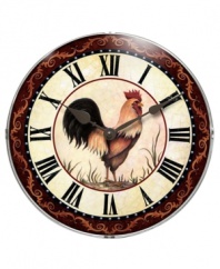 Keep country time with the Chanticleer wall clock and nature's renowned early riser. Featuring a handsome rooster, Roman numerals and a decorative vine-like border. A convex lens protects the clock's face and metal hands.