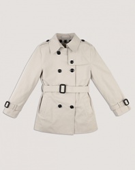 A classic double breasted trench coat with a belted waist for a sophisticated look.