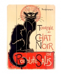 Created by Swiss artist Theophile Alexandre Steinlen at the turn of the century, this iconographic cat once presided over the chic cabarets of Paris. Now, as a rustic wooden sign, it brings haute bohemian charm to your dining or living room.