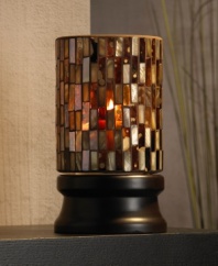 Create a cozy ambiance with this hurricane candle holder. Amber, pearl and multi-colored glass panels create a striking pattern and soft glow that usher warmth into your home.