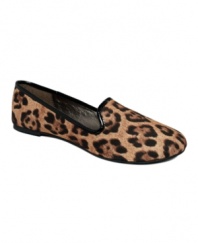 Trend alert! Material Girl combines two of the season's hottest looks on the fabulous Smokey flats. Classic smoking slippers and wild animal print are the perfect combination.
